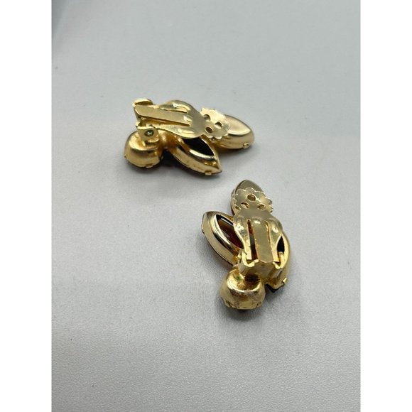 Vintage Rhinestone Earrings Clip On Topaz Glass Navette Marquise Shape Prong Set - Picture 6 of 8